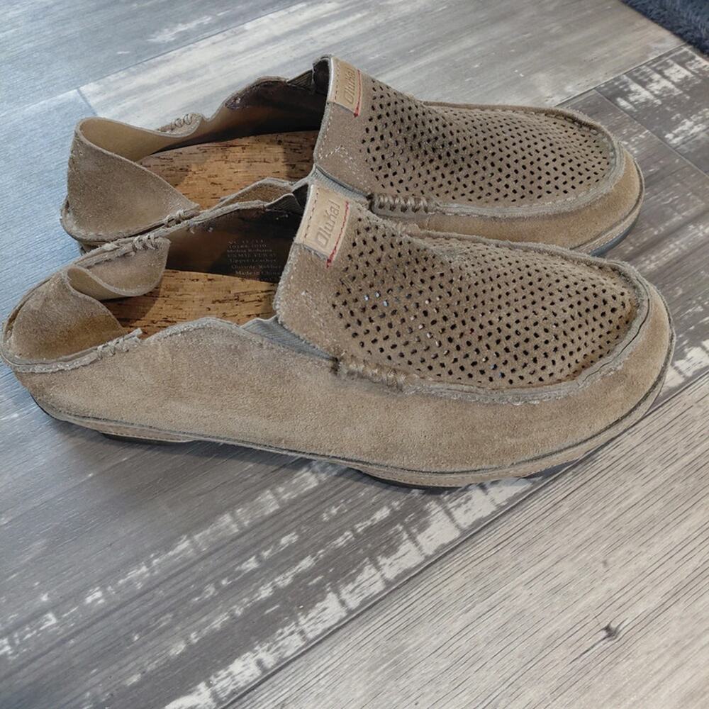 OluKai Moloa Kohana Brown Leather Perforated Slip On Mule Loafer Shoes Men's 12